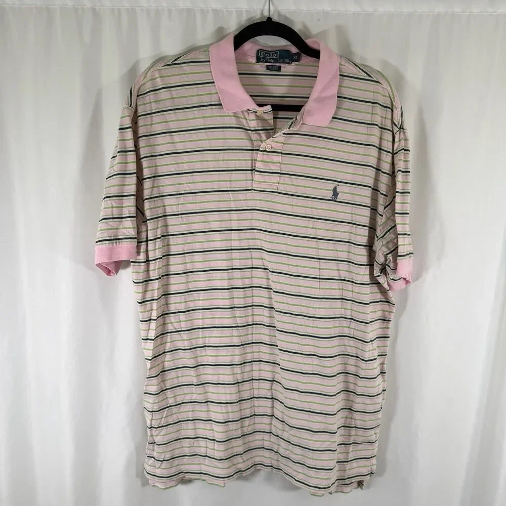 Polo Ralph Lauren Polo Shirt Men's XL Pink Green Striped Short Sleeve Collared